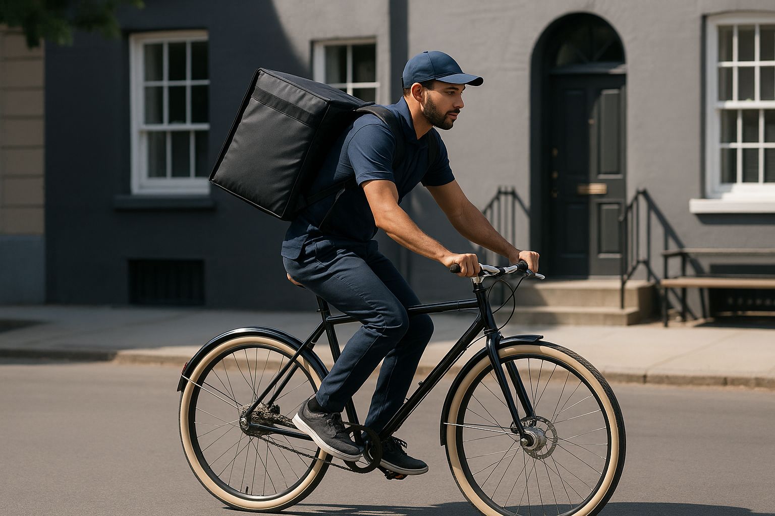 Cykelbud levererar mat i stadsmiljö, visar smidig matleverans.