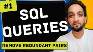 Man med skägg framför en skärm med texten "SQL Queries" och "Remove Redundant Pairs".